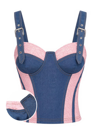 [Prevendita] Top Blu Anni '50 in Denim in Pizzo Pannelli a Contrasto Corsetto