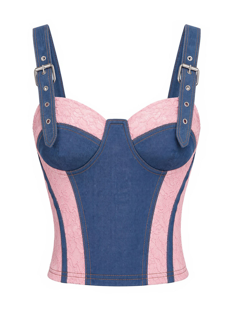 [Prevendita] Minigonna Blu Anni '50 in Denim in Pizzo Corsetto Top e Chain 5