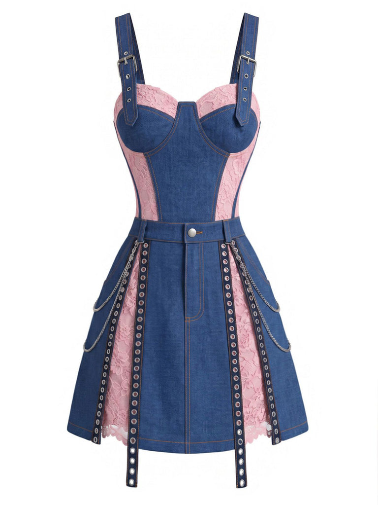 [Prevendita] Minigonna Blu Anni '50 in Denim in Pizzo Corsetto Top e Chain 2