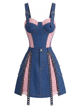 [Prevendita] Minigonna Blu Anni '50 in Denim in Pizzo Corsetto Top e Chain 2