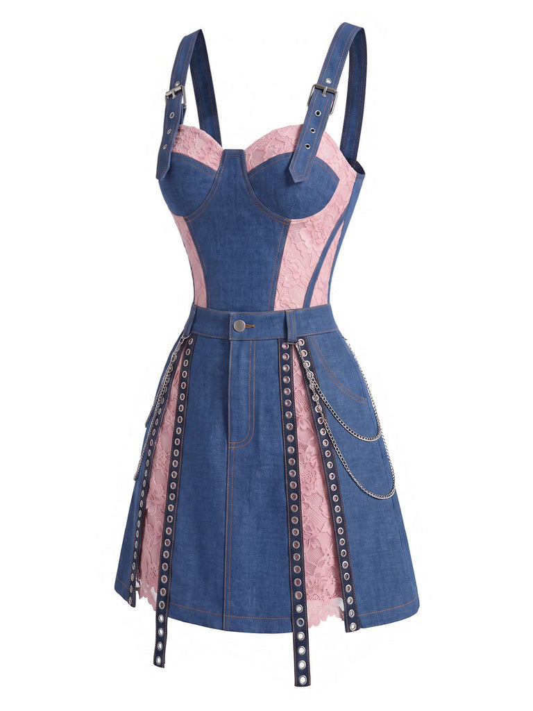 [Prevendita] Minigonna Blu Anni '50 in Denim in Pizzo Corsetto Top e Chain 3
