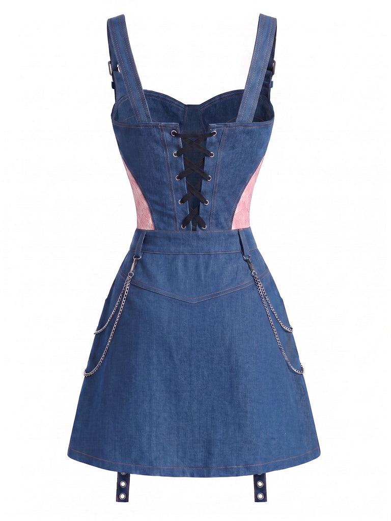 [Prevendita] Minigonna Blu Anni '50 in Denim in Pizzo Corsetto Top e Chain 4