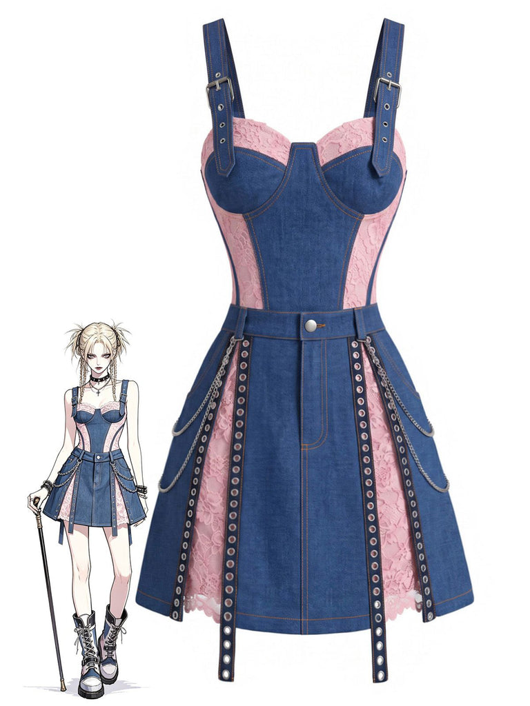 [Prevendita] Minigonna Blu Anni '50 in Denim in Pizzo Corsetto Top e Chain