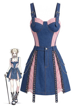 [Prevendita] Minigonna Blu Anni '50 in Denim in Pizzo Corsetto Top e Chain