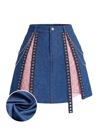 [Prevendita] Minigonna Blu Anni '50 in Denim in Pizzo Panel Chain Detail