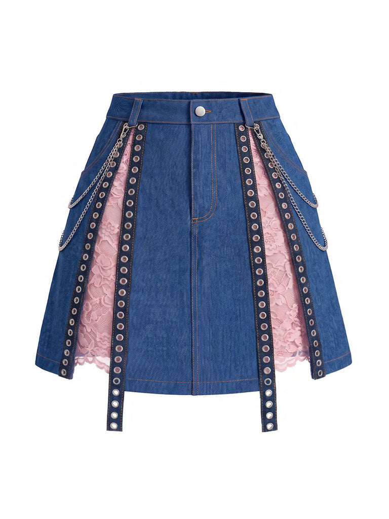 [Prevendita] Minigonna Blu Anni '50 in Denim in Pizzo Corsetto Top e Chain 11