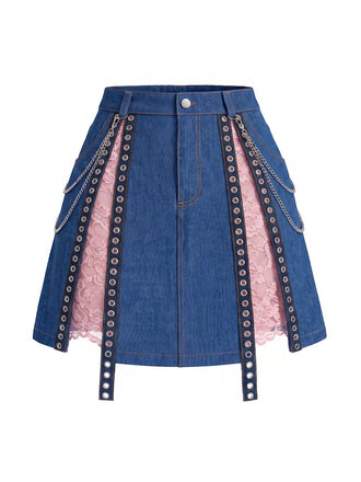 [Prevendita] Minigonna Blu Anni '50 in Denim in Pizzo Panel Chain Detail 2