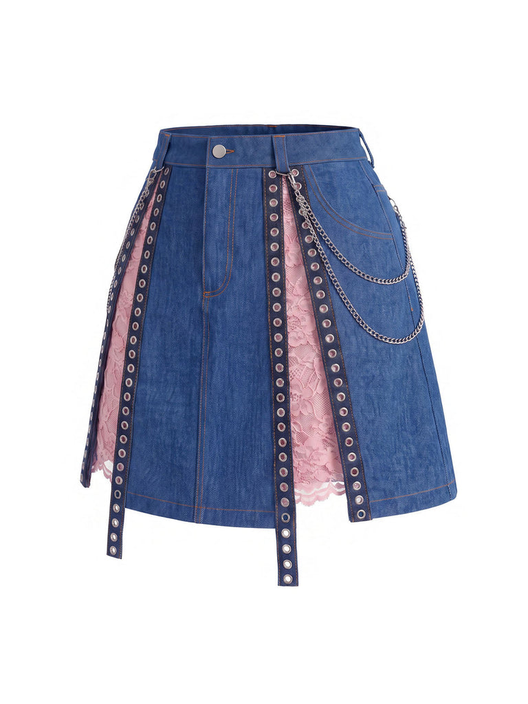 [Prevendita] Minigonna Blu Anni '50 in Denim in Pizzo Panel Chain Detail 3