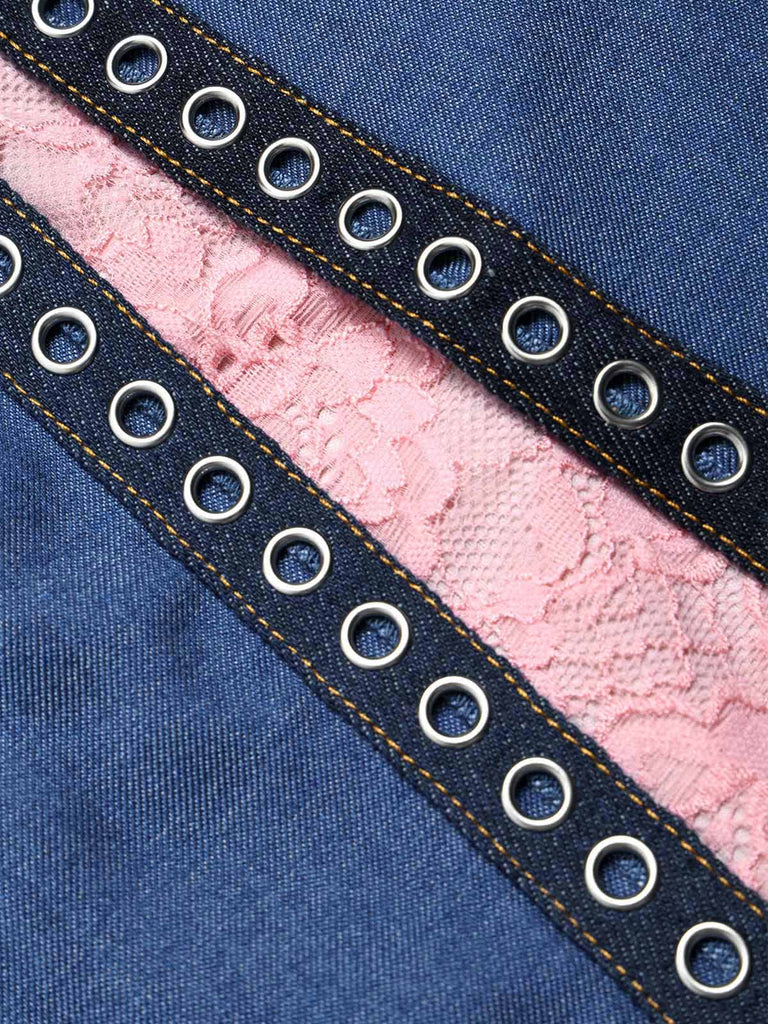 [Prevendita] Minigonna Blu Anni '50 in Denim in Pizzo Corsetto Top e Chain 15