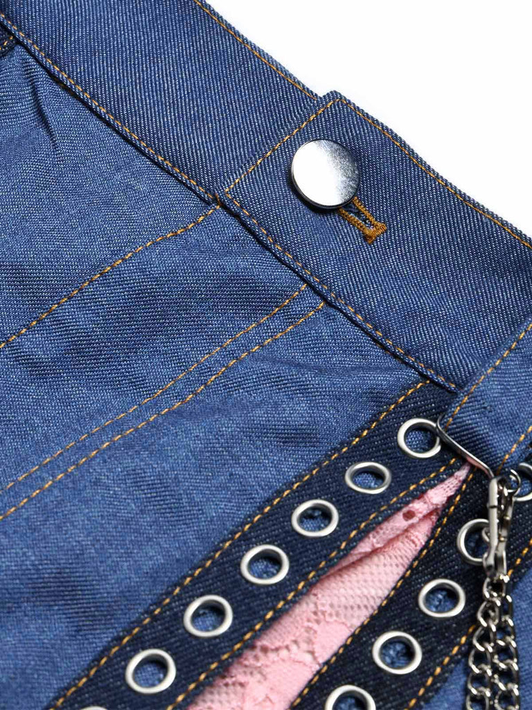 [Prevendita] Minigonna Blu Anni '50 in Denim in Pizzo Corsetto Top e Chain 16