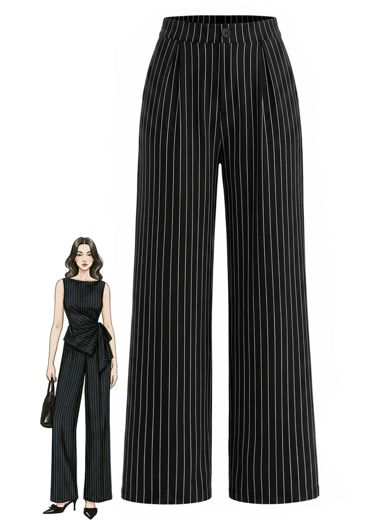 [Prevendita] Pantaloni Nero e Bianco Anni '30 a Vita Alta in Maglia Gessato a Gamba Larga