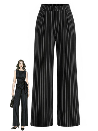 [Prevendita] Pantaloni Nero e Bianco Anni '30 a Vita Alta in Maglia Gessato a Gamba Larga