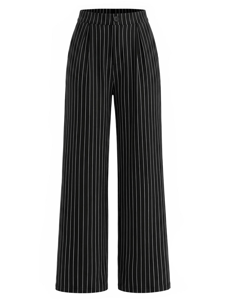 [Prevendita] Pantaloni Nero e Bianco Anni '30 a Vita Alta in Maglia Gessato a Gamba Larga 2