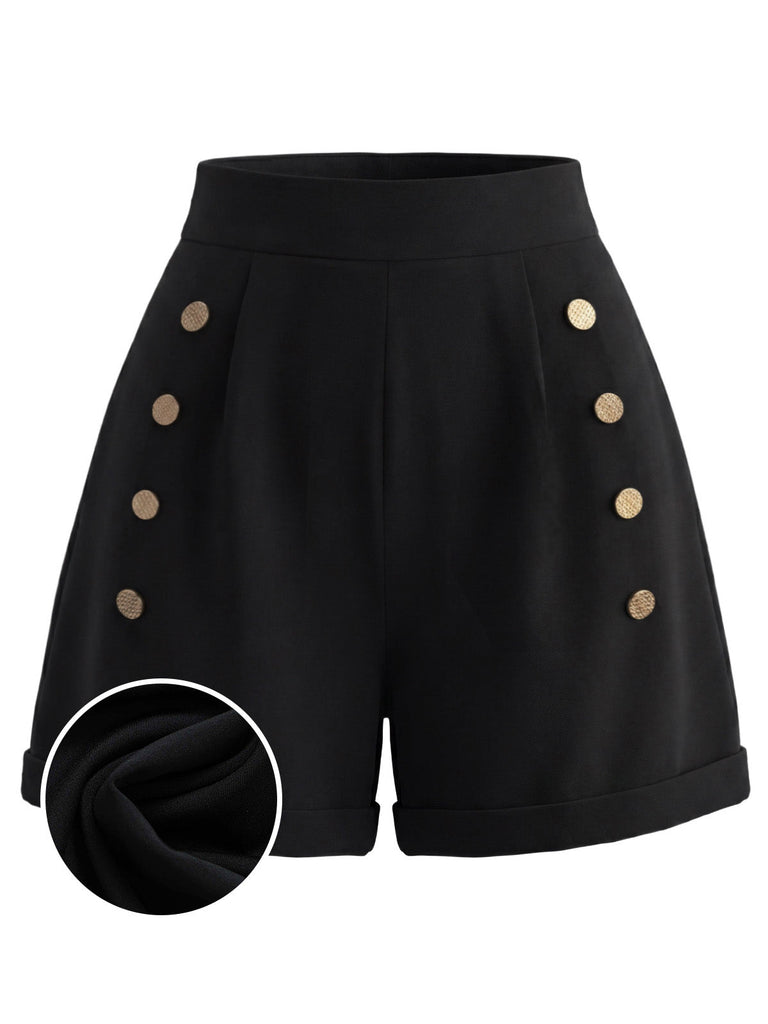 [Prevendita] Pantaloncini Nero Anni '50 a Vita Alta Doppiopetto con Bottoni Shorts