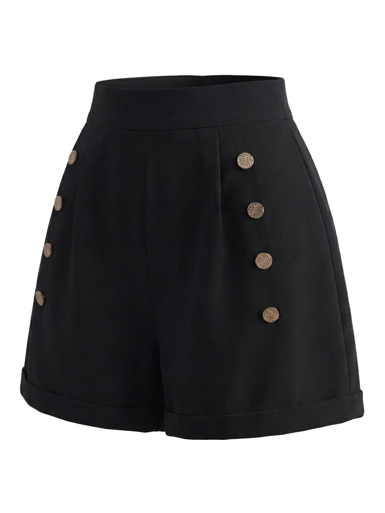 [Prevendita] Pantaloncini Nero Anni '50 a Vita Alta Doppiopetto con Bottoni Shorts 3