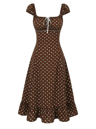 Abito marrone con volant a pois e scollo quadrato anni '40
