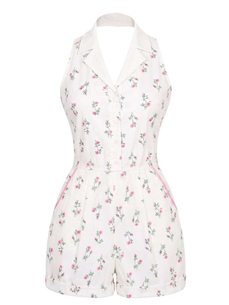 [Prevendita] Pagliaccetto Halter Floreale con Tasca Bianco Anni '60
