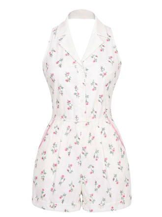 [Prevendita] Pagliaccetto Halter Floreale con Tasca Bianco Anni '60