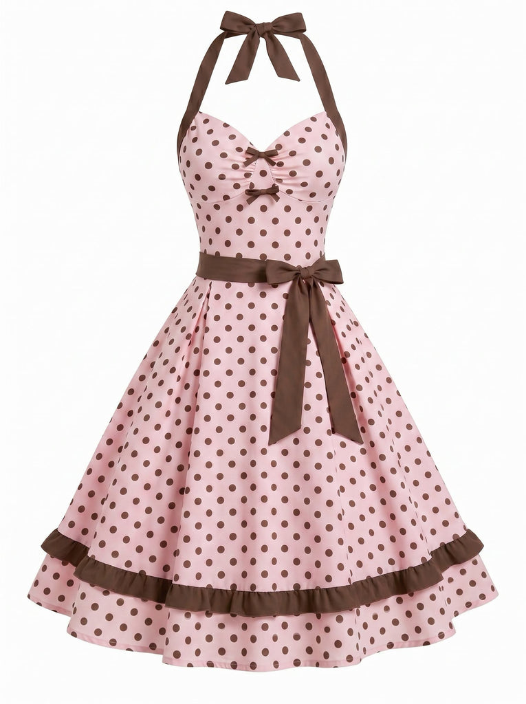 [Prevendita] Abito Halter a Pois con Fiocco e Cintura Rosa Anni '50