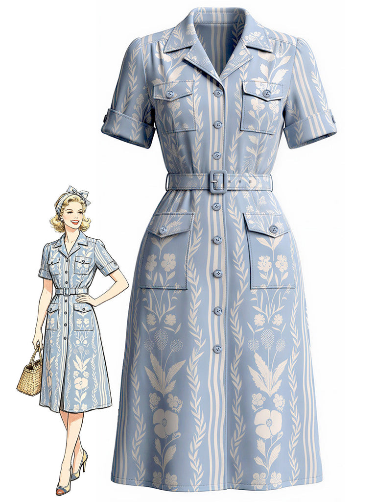 [Prevendita] Abito Blu Anni '40 Stampa Piante con Cintura con Tasche con Spacco