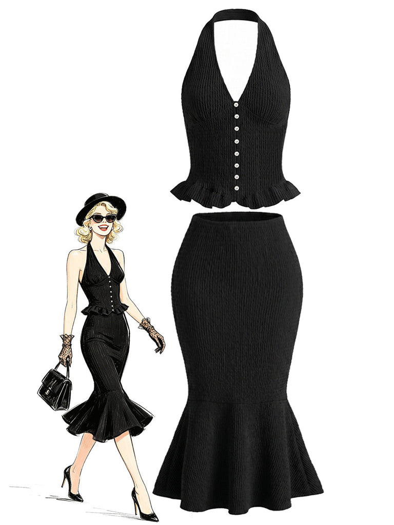 [Prevendita] 2PCS Gonna Nero Anni '60 in Maglia con Scollo all'Americana Top e Mermaid Set