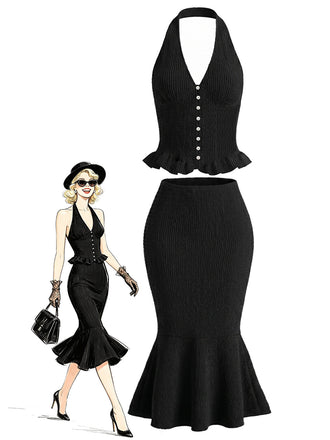 [Prevendita] 2PCS Gonna Nero Anni '60 in Maglia con Scollo all'Americana Top e Mermaid Set