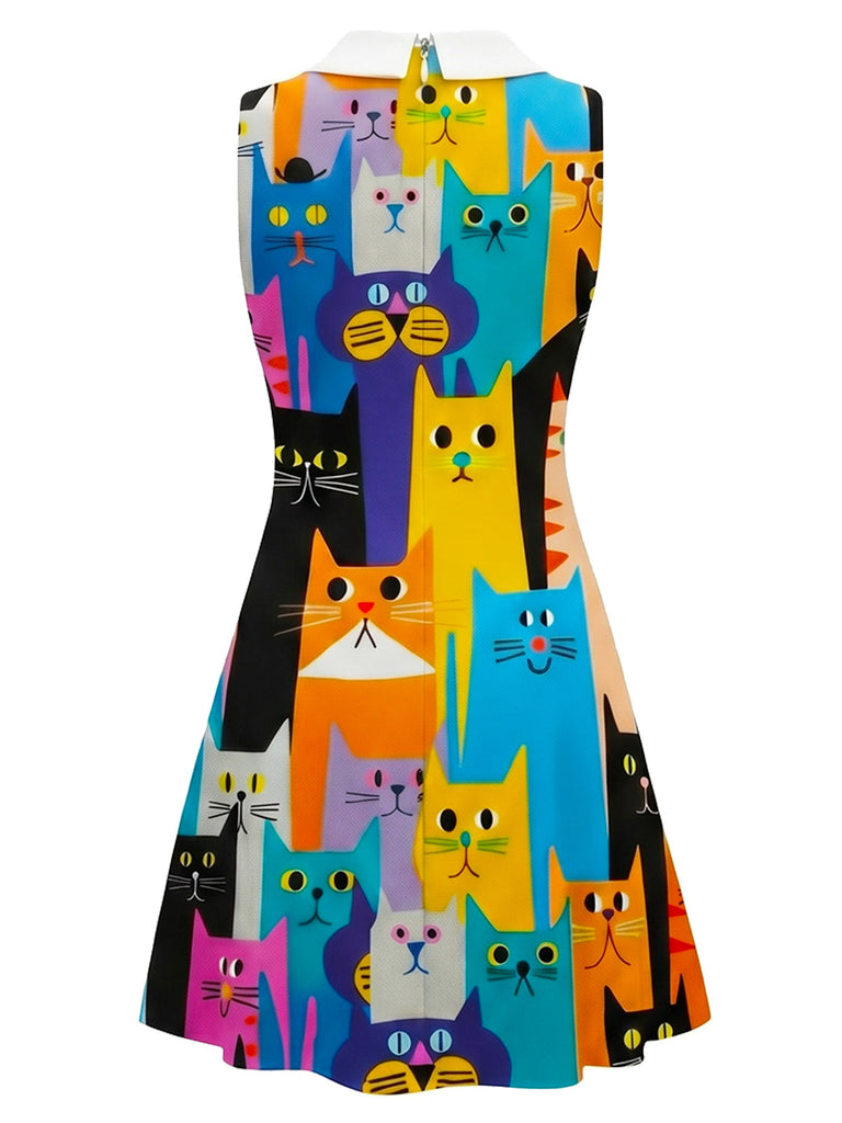[Prevendita] Abito Multicolore a Linea A con Gatti e Colletto Peter Pan Anni '60 3