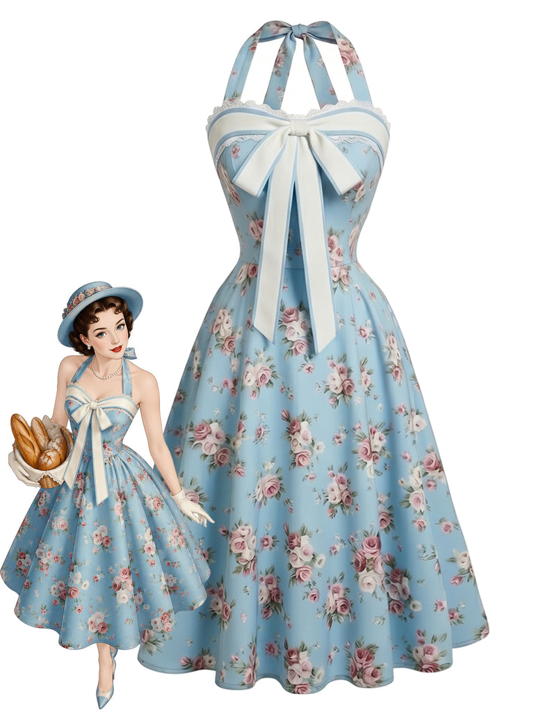 [Prevendita] Abito Azzurro Anni '50 con Stampa Floreale e Scollo All'americana e Pizzo e Fiocco