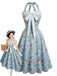 [Prevendita] Abito Azzurro Anni '50 con Stampa Floreale e Scollo All'americana e Pizzo e Fiocco