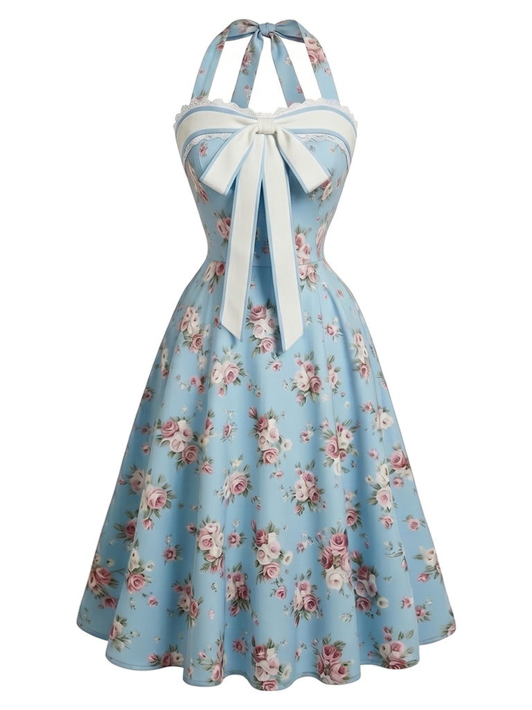 [Prevendita] Abito Azzurro Anni '50 con Stampa Floreale e Scollo All'americana e Pizzo e Fiocco 2