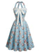 [Prevendita] Abito Azzurro Anni '50 con Stampa Floreale e Scollo All'americana e Pizzo e Fiocco 2