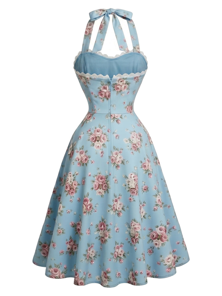 [Prevendita] Abito Azzurro Anni '50 con Stampa Floreale e Scollo All'americana e Pizzo e Fiocco 3