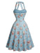 [Prevendita] Abito Azzurro Anni '50 con Stampa Floreale e Scollo All'americana e Pizzo e Fiocco 3