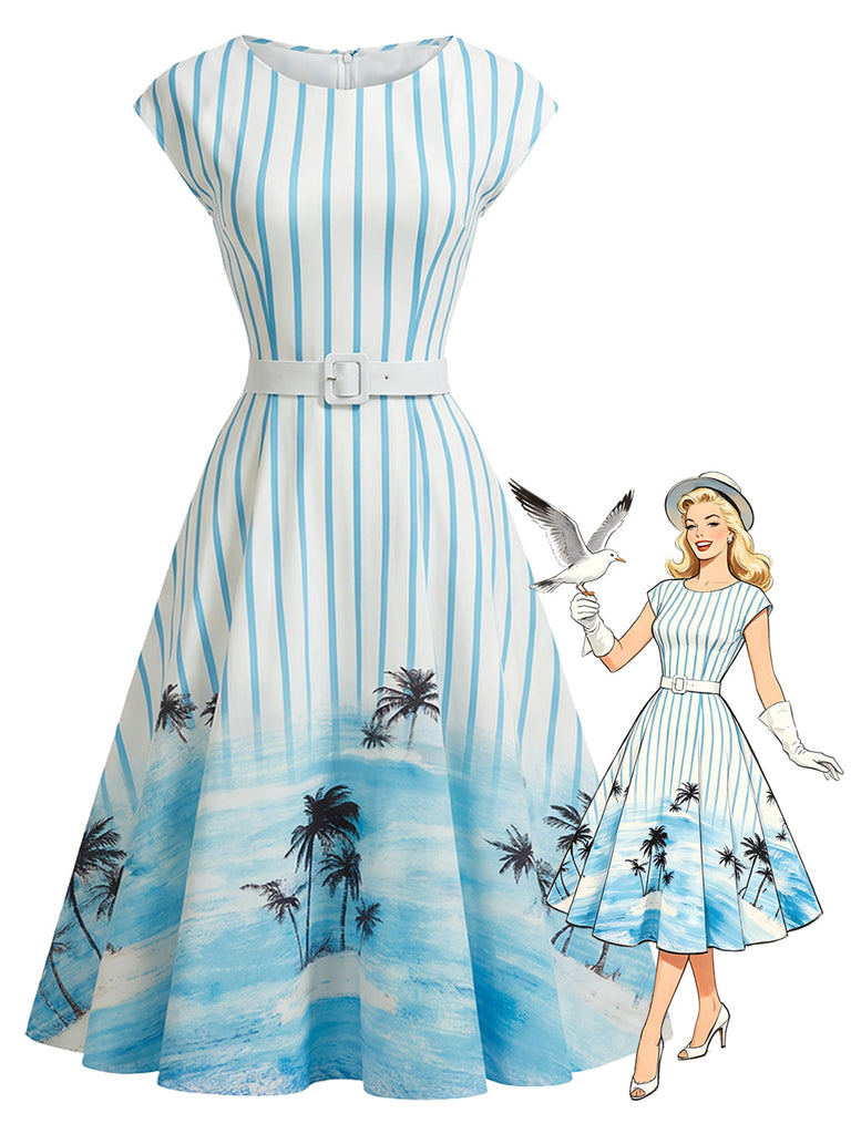 [Prevendita] Abito a Ruota Azzurro Chiaro Anni '50 a Righe Stampa Palme con con Tasche