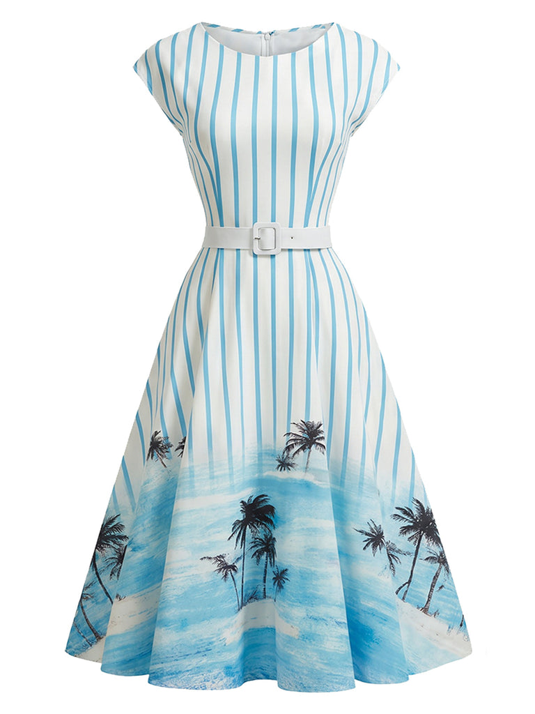 [Prevendita] Abito a Ruota Azzurro Chiaro Anni '50 a Righe Stampa Palme con con Tasche 2