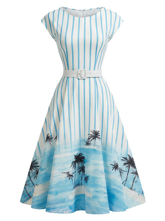 [Prevendita] Abito a Ruota Azzurro Chiaro Anni '50 a Righe Stampa Palme con con Tasche 2