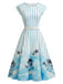 [Prevendita] Abito a Ruota Azzurro Chiaro Anni '50 a Righe Stampa Palme con con Tasche 2