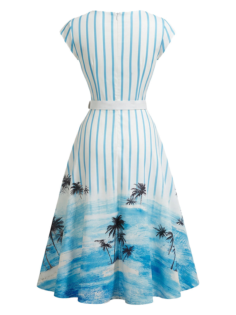 [Prevendita] Abito a Ruota Azzurro Chiaro Anni '50 a Righe Stampa Palme con con Tasche 3