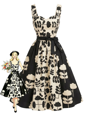 [Prevendita] Abito anni '50 nero e bianco a contrasto con fiori e linea A