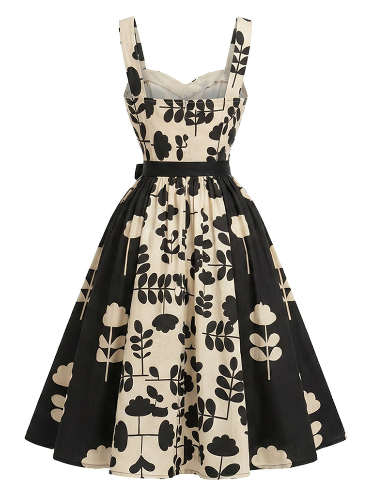 [Prevendita] Abito anni '50 nero e bianco a contrasto con fiori e linea A 3