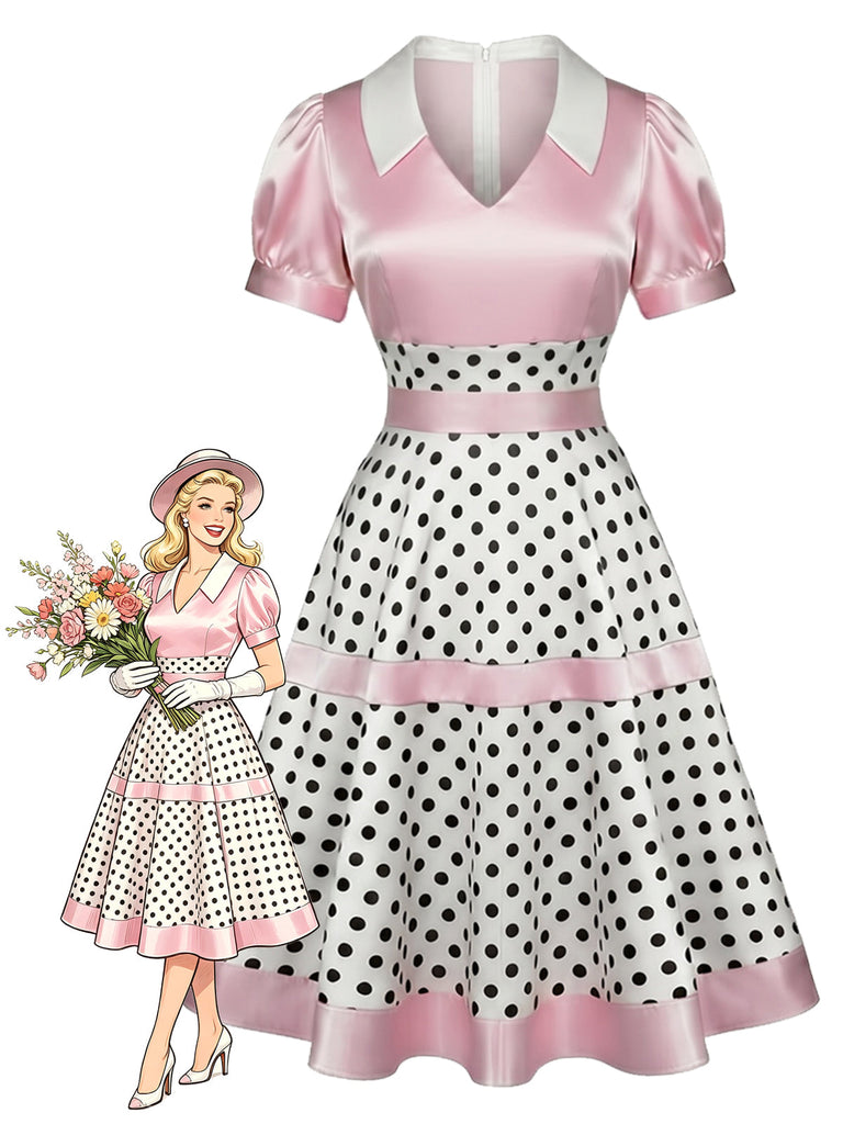 [Prevendita] Abito Rosa Anni '50 in Raso a Pois con Fiocco e Scollo a V