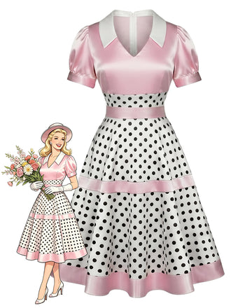[Prevendita] Abito Rosa Anni '50 in Raso a Pois con Fiocco e Scollo a V