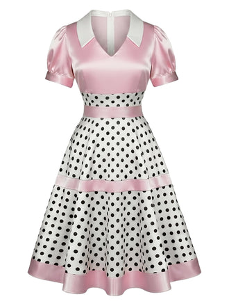 [Prevendita] Abito Rosa Anni '50 in Raso a Pois con Fiocco e Scollo a V 2