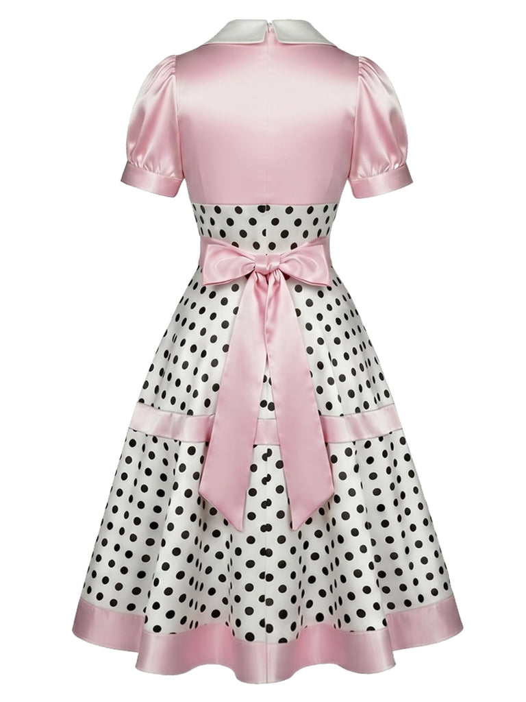 [Prevendita] Abito Rosa Anni '50 in Raso a Pois con Fiocco e Scollo a V 3