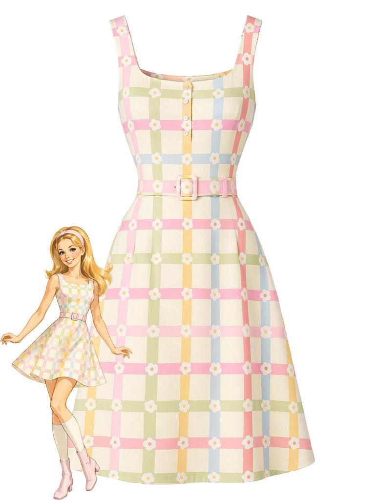 [Prevendita] Abito Beige Anni '60 Colorato a Quadri Floreale Scollo Quadrato Linea a