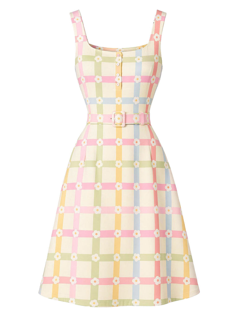 [Prevendita] Abito Beige Anni '60 Colorato a Quadri Floreale Scollo Quadrato Linea a 2