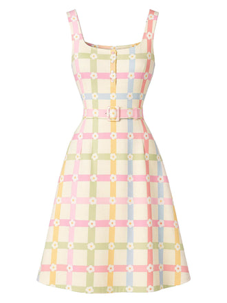 [Prevendita] Abito Beige Anni '60 Colorato a Quadri Floreale Scollo Quadrato Linea a 2