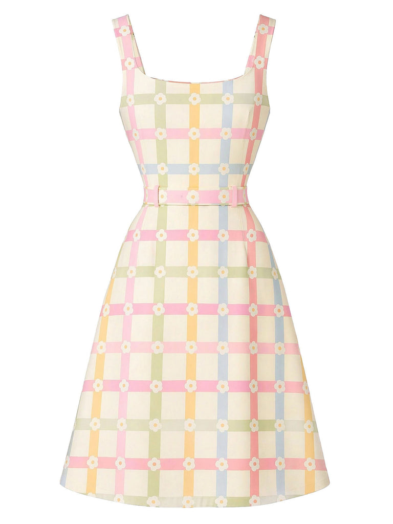[Prevendita] Abito Beige Anni '60 Colorato a Quadri Floreale Scollo Quadrato Linea a 3