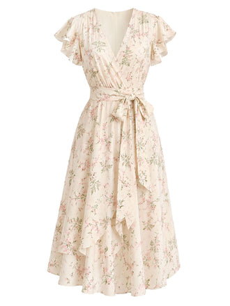 [Prevendita] Abito Giallo Crema Anni '50 Floreale a Fiorellini Maniche a Farfalla Wrap 2