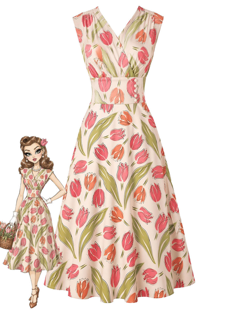 [Prevendita] Abito Rosa Aranciato Anni '50 Tulip Stampa Surplice Scollo Senza Maniche Linea A